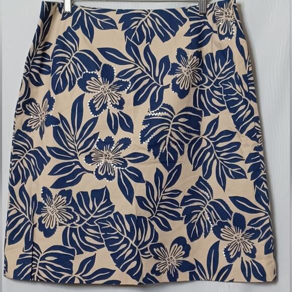 Talbots Stretch Floral Skirt Tan and Blue With Sequins. Size 16 - Picture 1 of 14